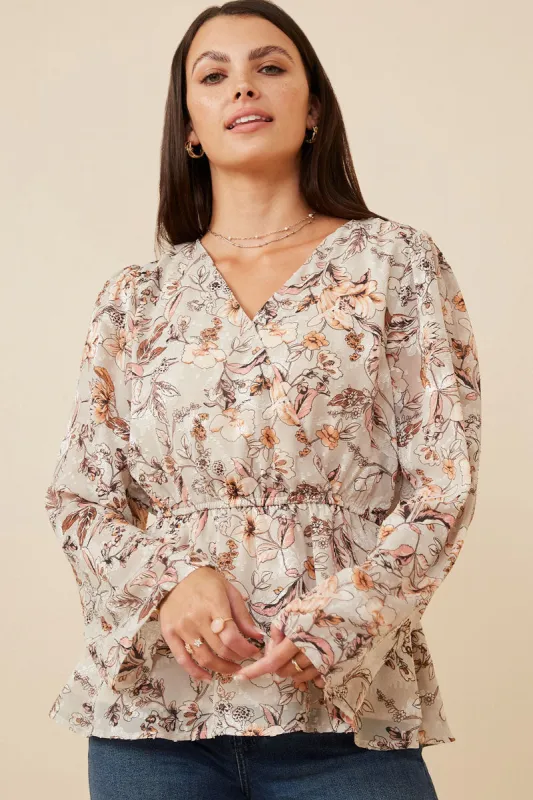 Womens Textured Floral Chiffon Surplice Peplum Top sold by Hayden