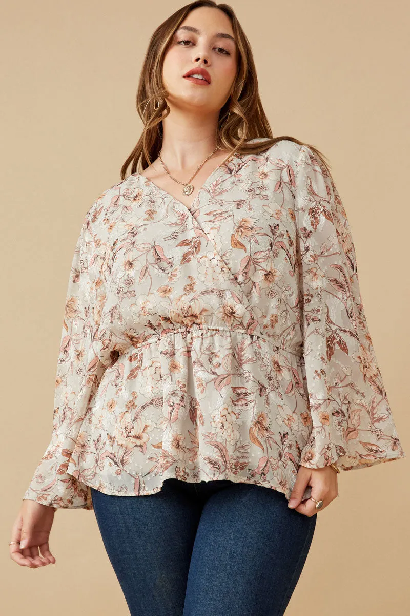 Womens Textured Floral Chiffon Surplice Peplum Top sold by Hayden product image thumbnail 2
