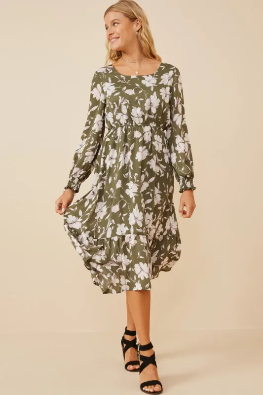 Womens Floral Print Smocked Cuff Scoop Neck Dress sold by Hayden