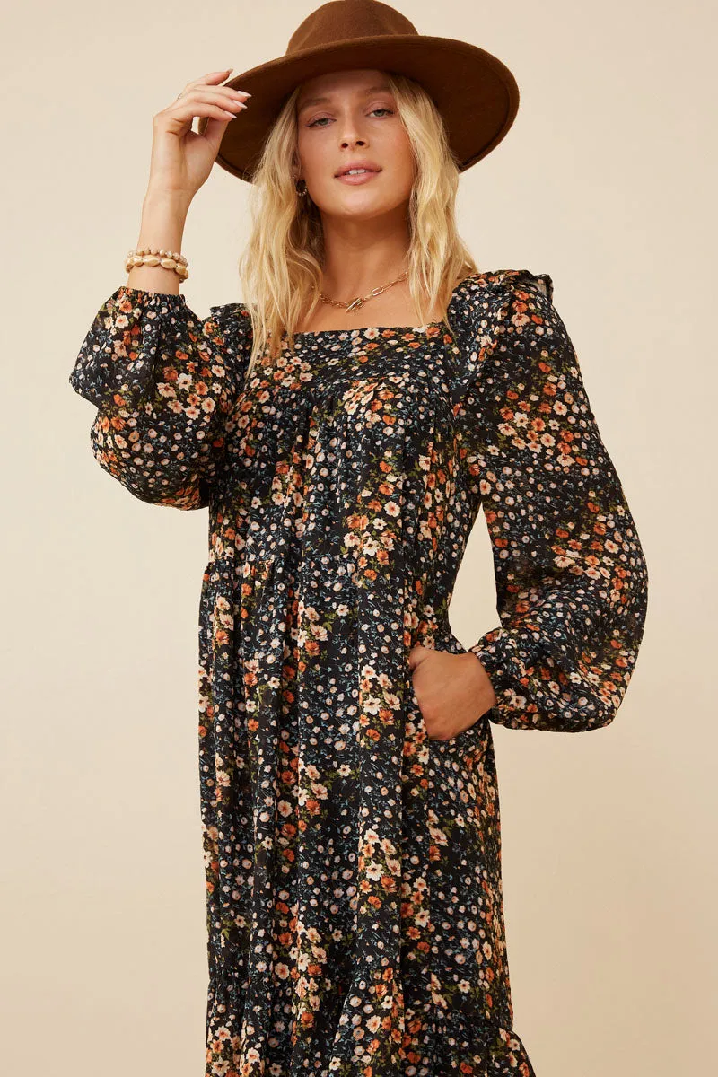 Womens Textured Floral Print Ruffle Shoulder Midi Dress sold by Hayden product image thumbnail 3