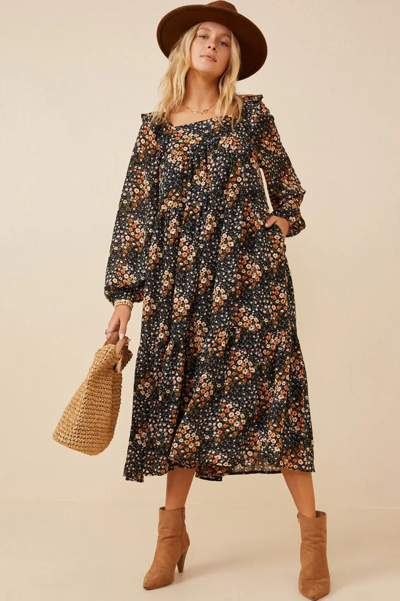 Womens Textured Floral Print Ruffle Shoulder Midi Dress sold by Hayden