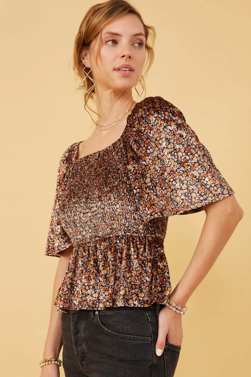 Womens Floral Velvet Smocked Peplum Top sold by Hayden product image thumbnail 4