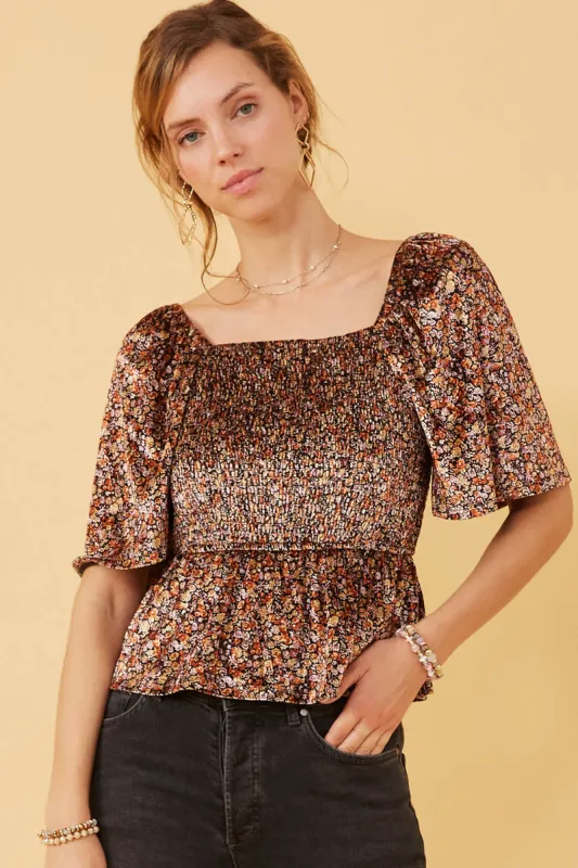 Womens Floral Velvet Smocked Peplum Top made by Hayden
