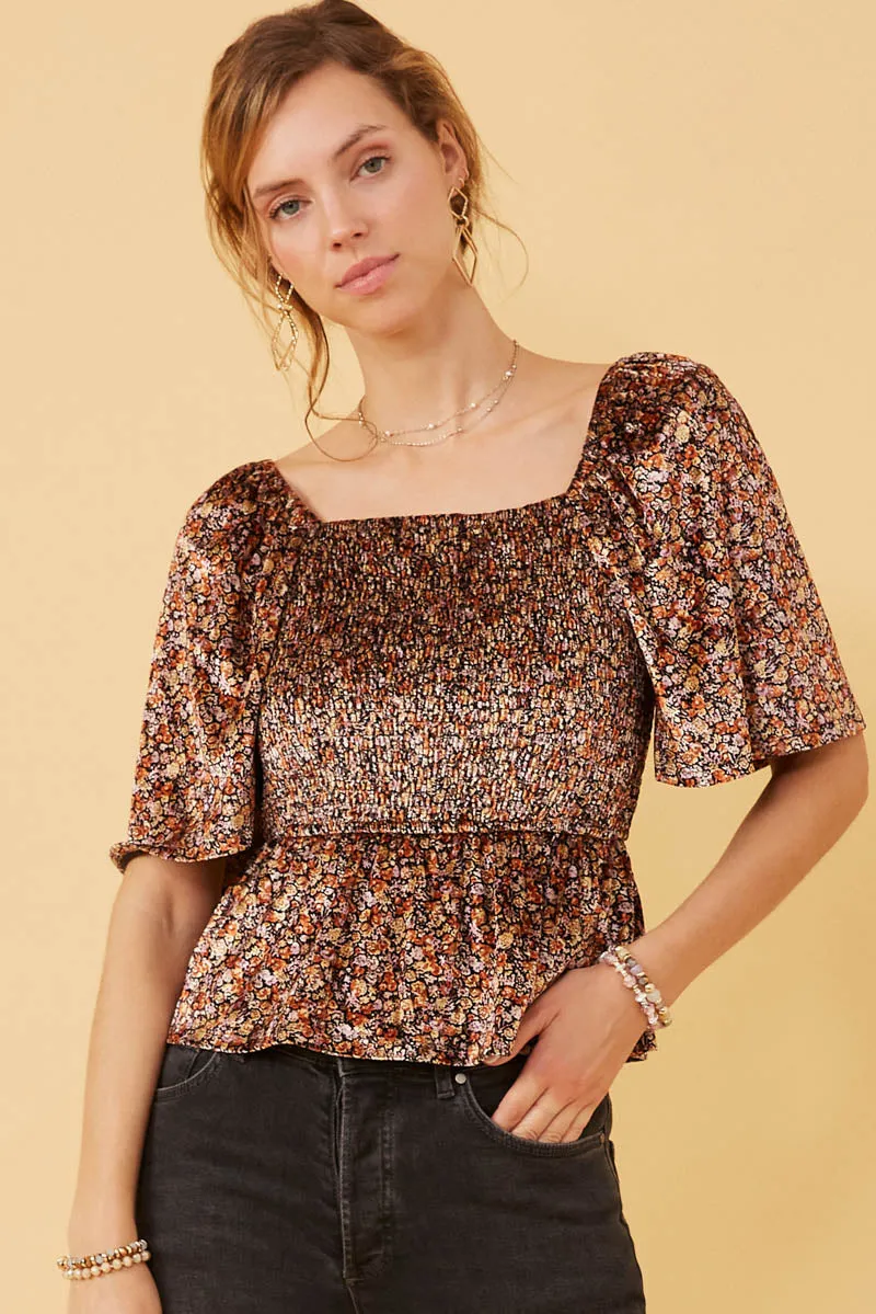 Womens Floral Velvet Smocked Peplum Top sold by Hayden