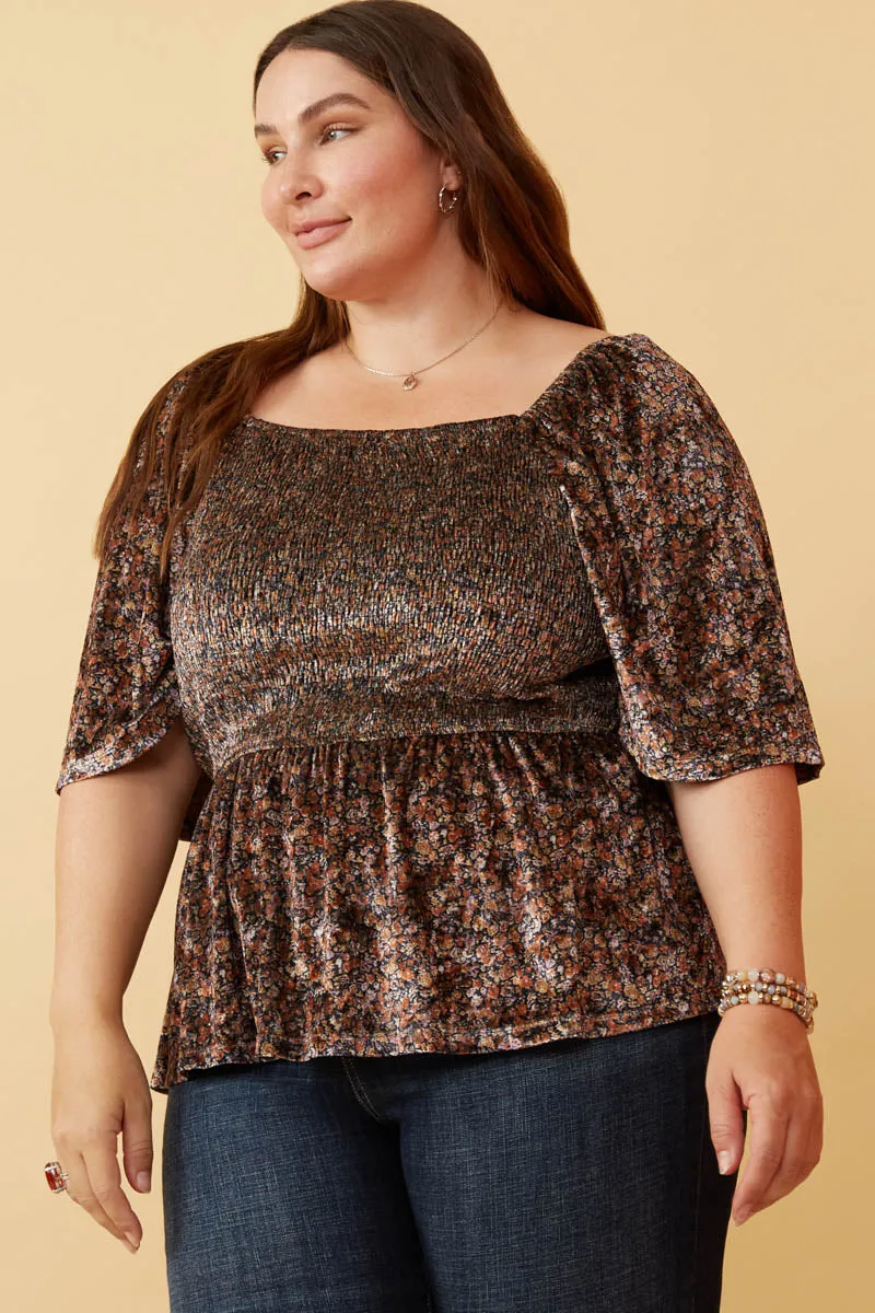 Womens Floral Velvet Smocked Peplum Top sold by Hayden product image thumbnail 2