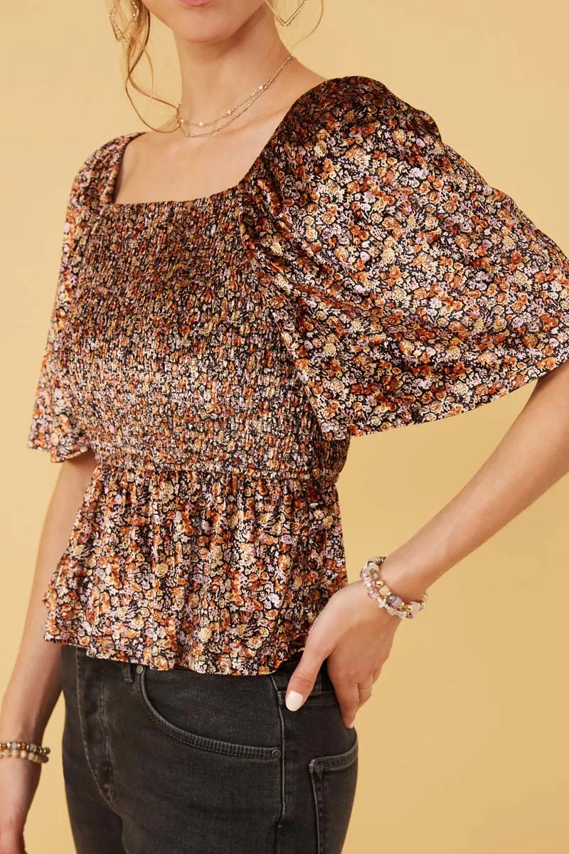 Womens Floral Velvet Smocked Peplum Top sold by Hayden product image thumbnail 3