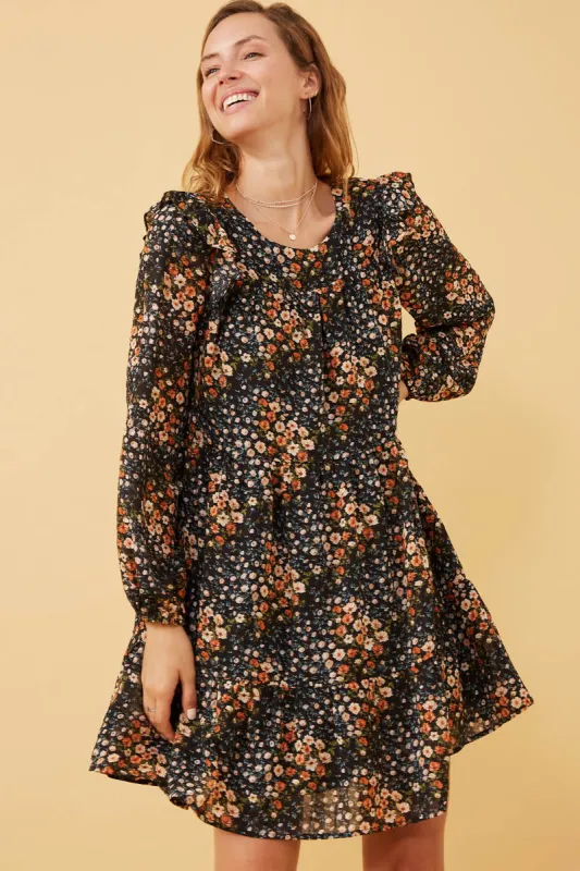 Womens Floral Print Ruffle Shoulder Long Sleeve Dress sold by Hayden