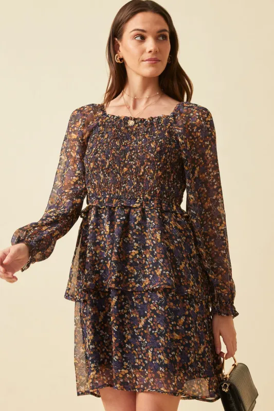 Womens Smocked Square Neck Ditsy Floral Tiered Dress sold by Hayden