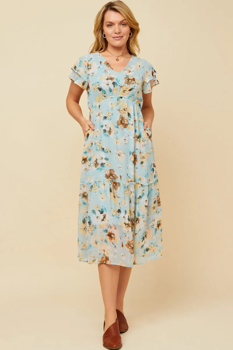 Womens Romantic Floral Flutter Sleeve V Neck Midi Dress sold by Hayden product image thumbnail 3