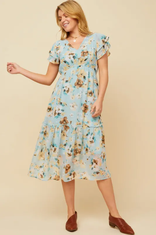 Womens Romantic Floral Flutter Sleeve V Neck Midi Dress made by Hayden