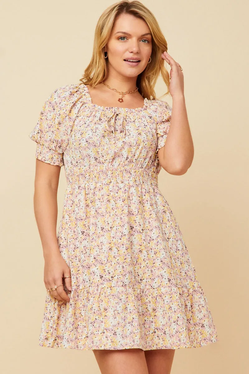 Womens Floral Tie Front Smocked Waist Square Neck Dress sold by Hayden product image thumbnail 3