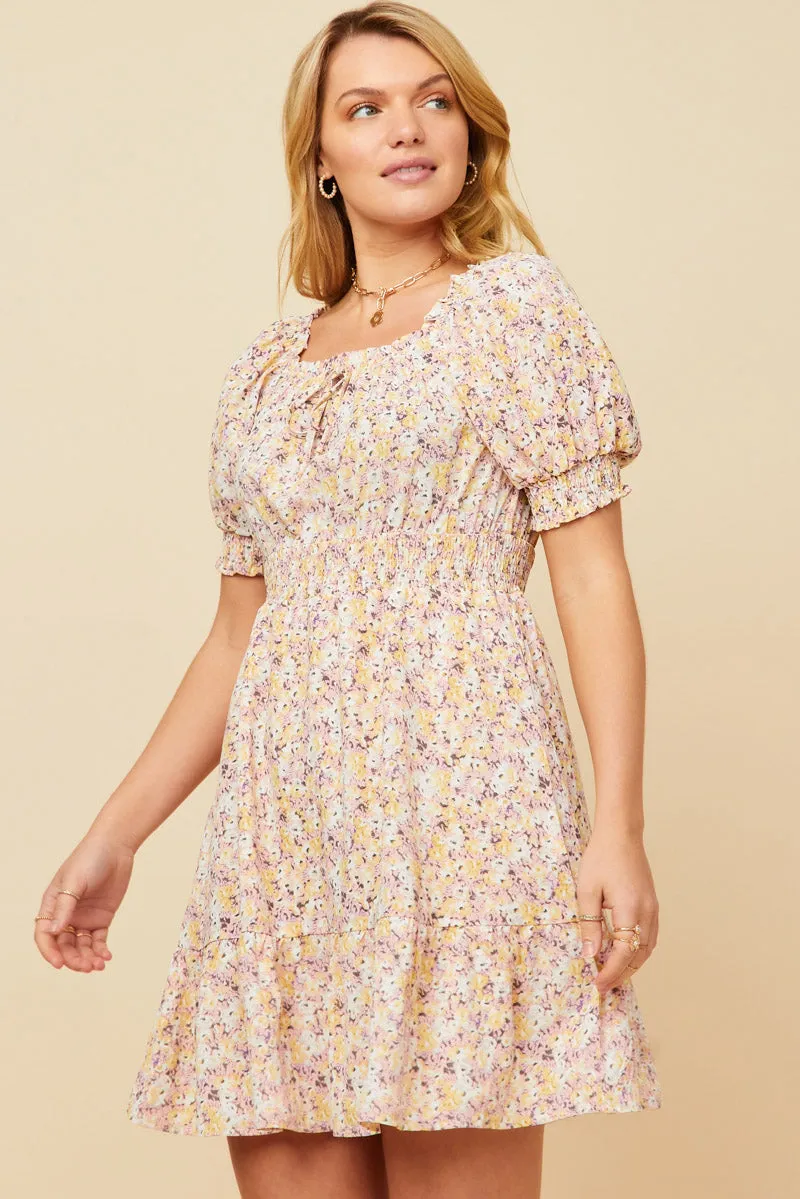 Womens Floral Tie Front Smocked Waist Square Neck Dress sold by Hayden product image thumbnail 4