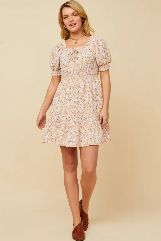 Womens Floral Tie Front Smocked Waist Square Neck Dress sold by Hayden