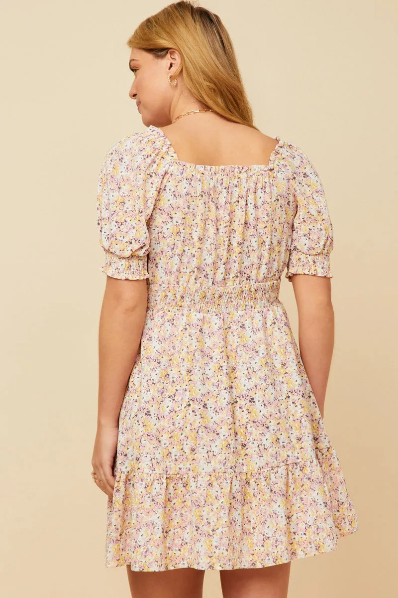 Womens Floral Tie Front Smocked Waist Square Neck Dress sold by Hayden product image thumbnail 5