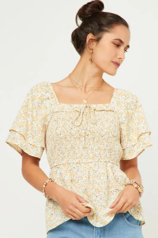 Womens Ditsy Floral Smocked Layered Sleeve Top sold by Hayden