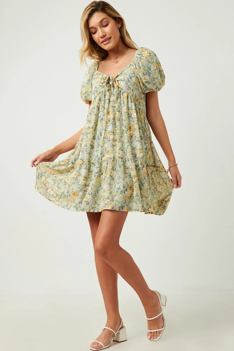 Womens Floral Puff Sleeve Tie Front Tiered Dress sold by Hayden product image thumbnail 3
