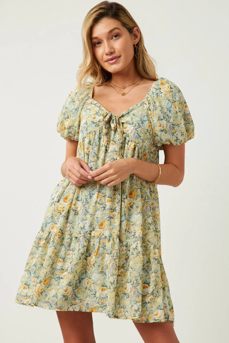 Womens Floral Puff Sleeve Tie Front Tiered Dress sold by Hayden