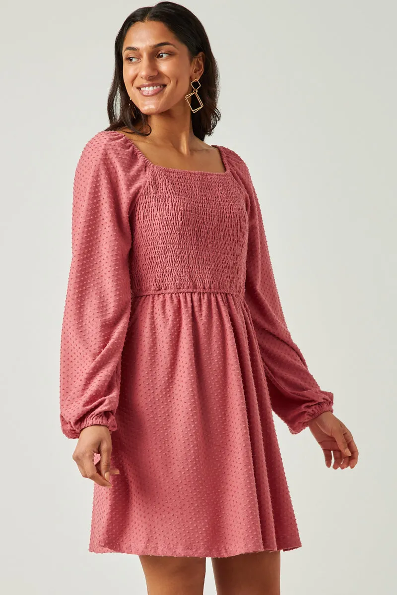 Womens Knit Swiss Dot Smocked Long Sleeve Dress sold by Hayden product image thumbnail 5