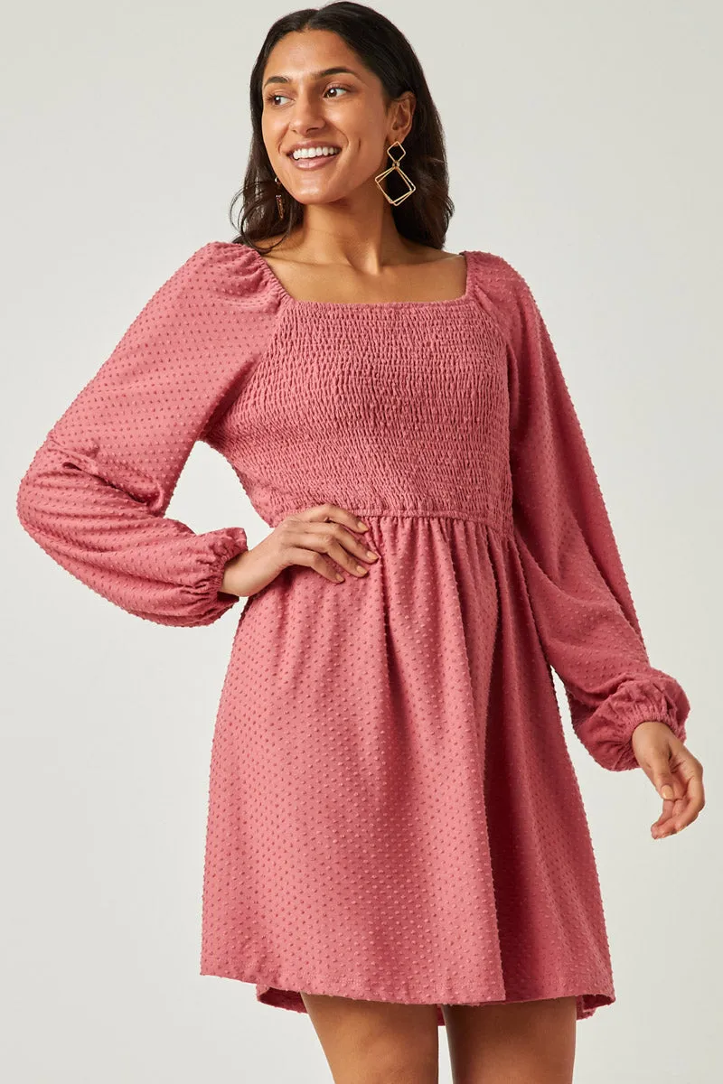 Womens Knit Swiss Dot Smocked Long Sleeve Dress sold by Hayden product image thumbnail 3