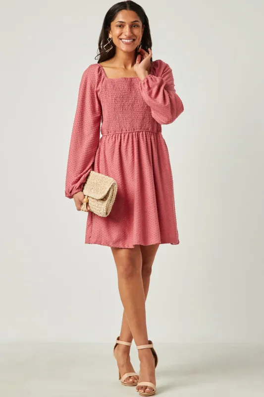 Womens Knit Swiss Dot Smocked Long Sleeve Dress made by Hayden