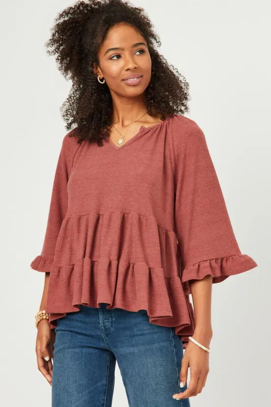 Womens V Neck Bell Sleeve Tiered Peplum Knit Top sold by Hayden