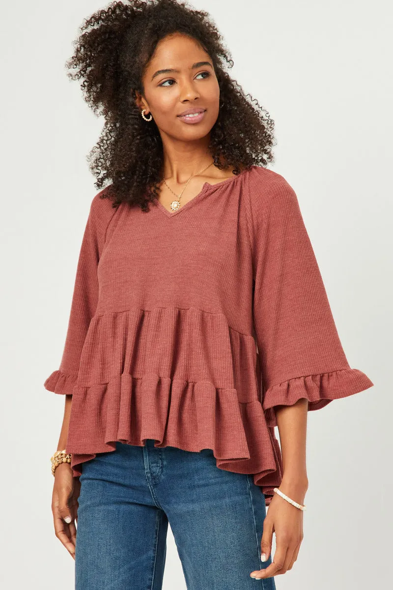 Womens V Neck Bell Sleeve Tiered Peplum Knit Top sold by Hayden