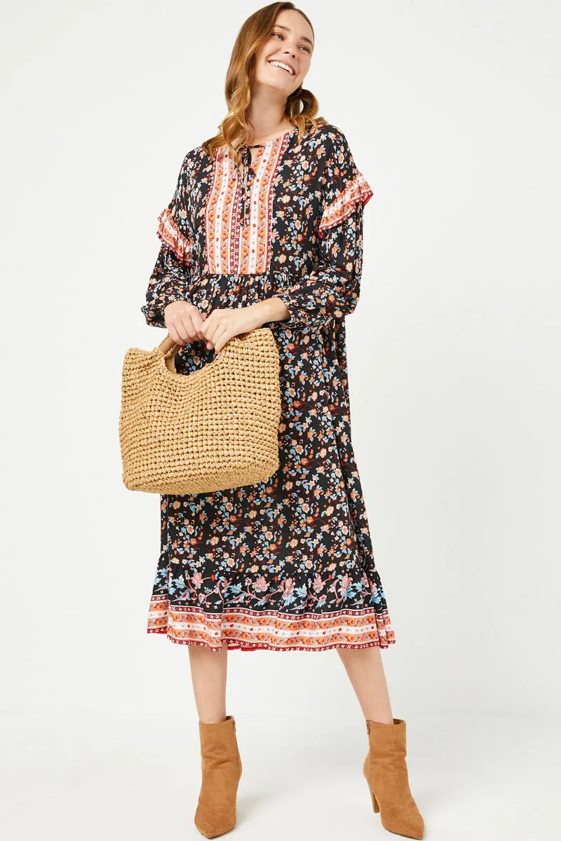 Womens Ruffled Long Sleeve Border Print Floral Dress sold by Hayden