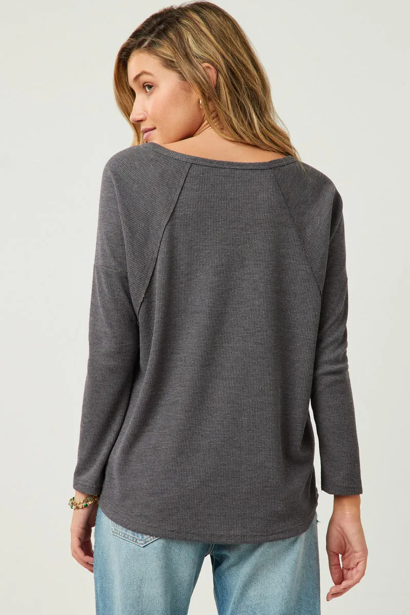 Womens Long Sleeve V Neck Waffle Knit Raglan Tee sold by Hayden product image thumbnail 3