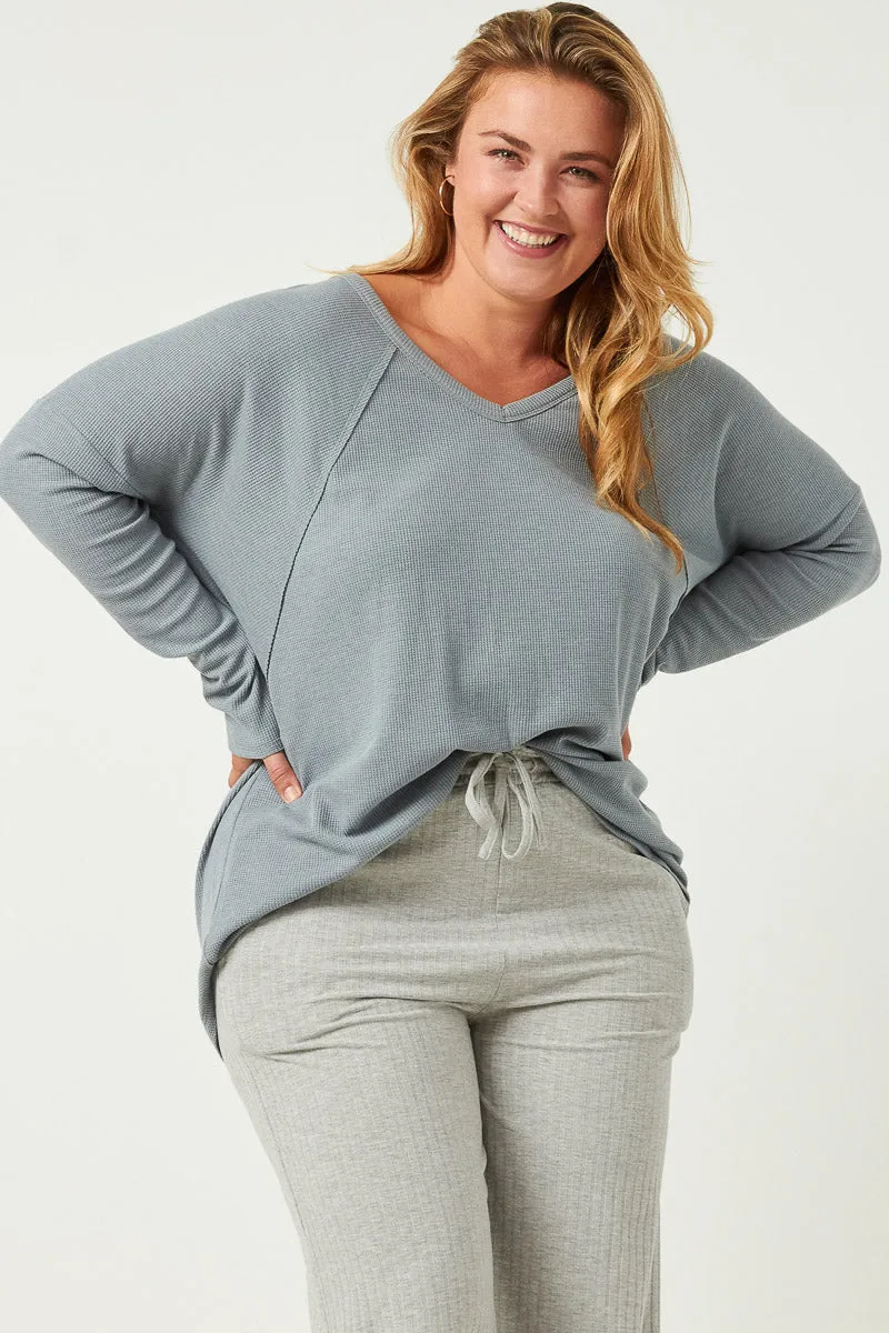 Womens Long Sleeve V Neck Waffle Knit Raglan Tee sold by Hayden product image thumbnail 2