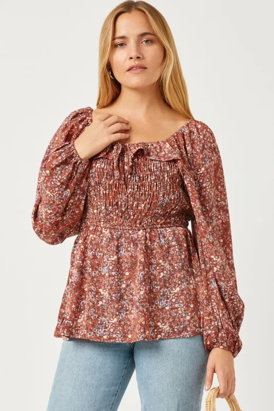 Womens Smocked Ruffle Square Neck Long Sleeve Top sold by Hayden