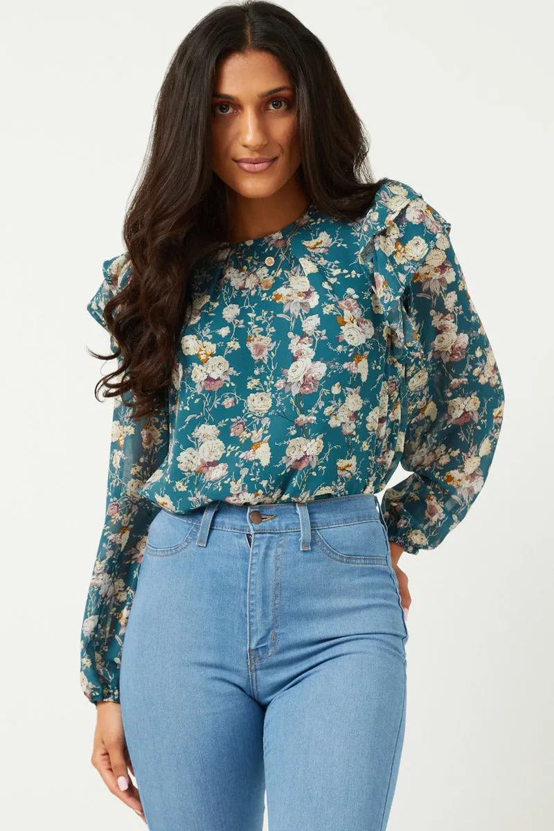 Womens Ruffled Sleeve Floral Long Sleeve Top sold by Hayden product image thumbnail 4