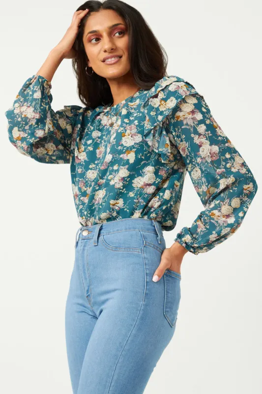 Womens Ruffled Sleeve Floral Long Sleeve Top sold by Hayden