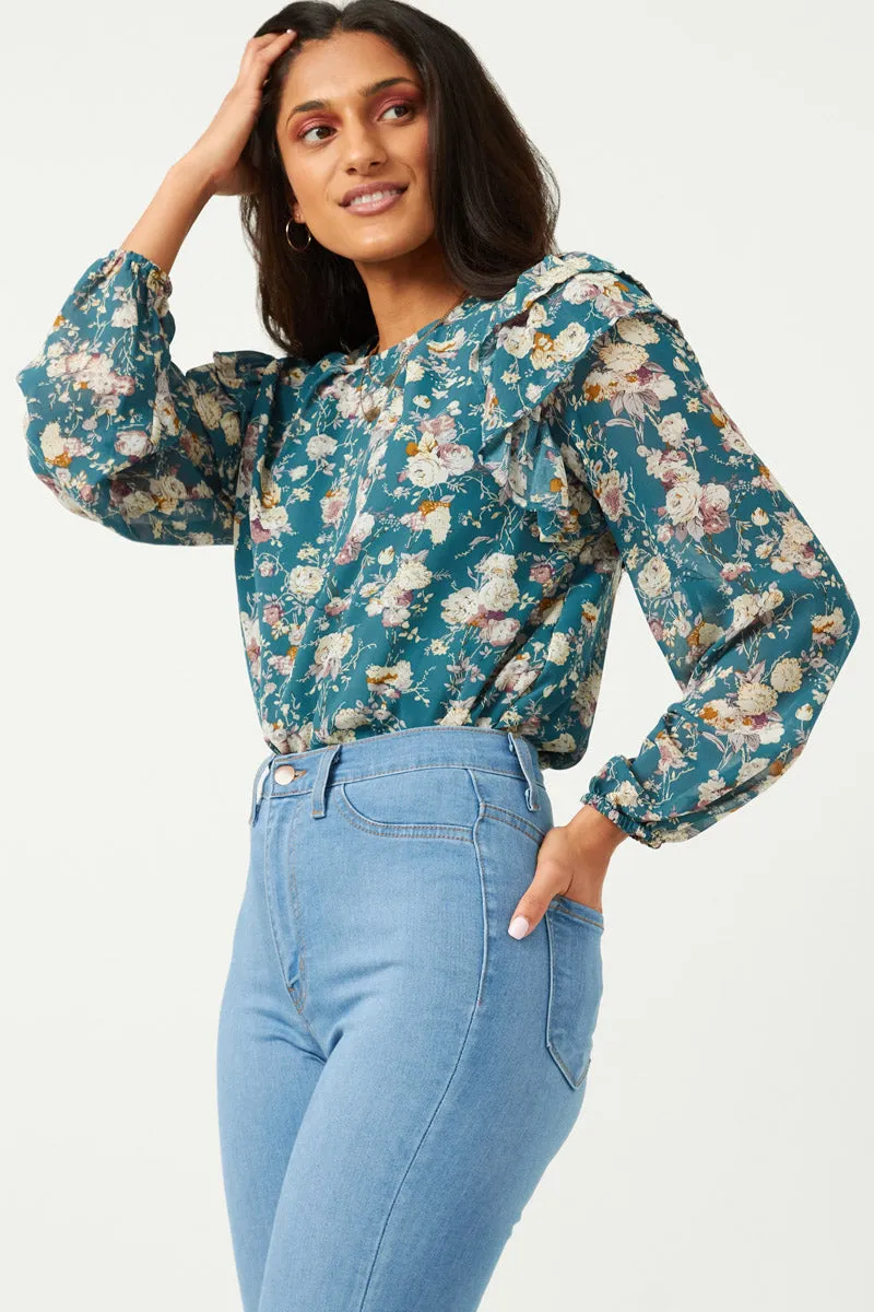 Womens Ruffled Sleeve Floral Long Sleeve Top sold by Hayden