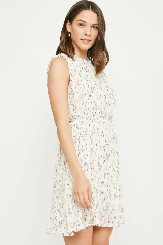 Womens Belted Ruffle Neck Pleated Floral Sleeveless Dress made by Hayden