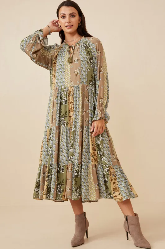 Womens Mixed Print Block Tie Detail Tiered Dress made by Hayden