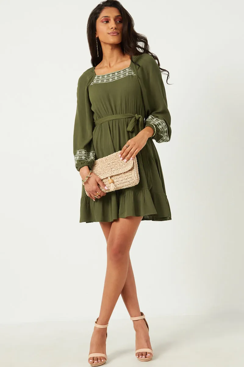 Womens Embroidered Square Neck and Cuff Long Sleeve Belted Dress sold by Hayden