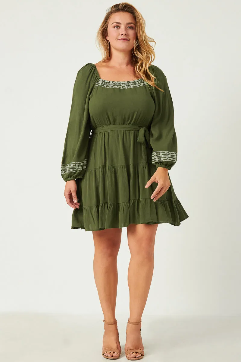 Womens Embroidered Square Neck and Cuff Long Sleeve Belted Dress sold by Hayden product image thumbnail 2