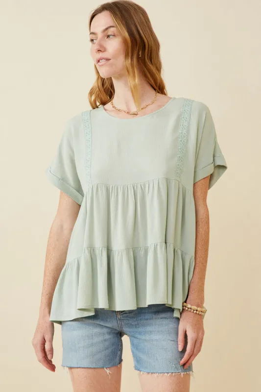 Womens Lace Trimmed Knit Tiered Peplum Top sold by Hayden