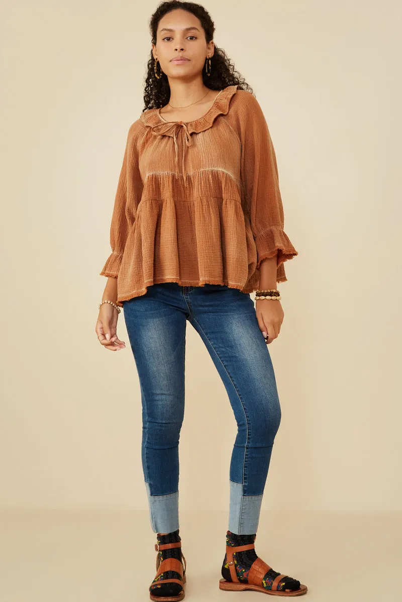 Womens Ruffle Detail Tie Neck Washed Gauze Top sold by Hayden product image thumbnail 2