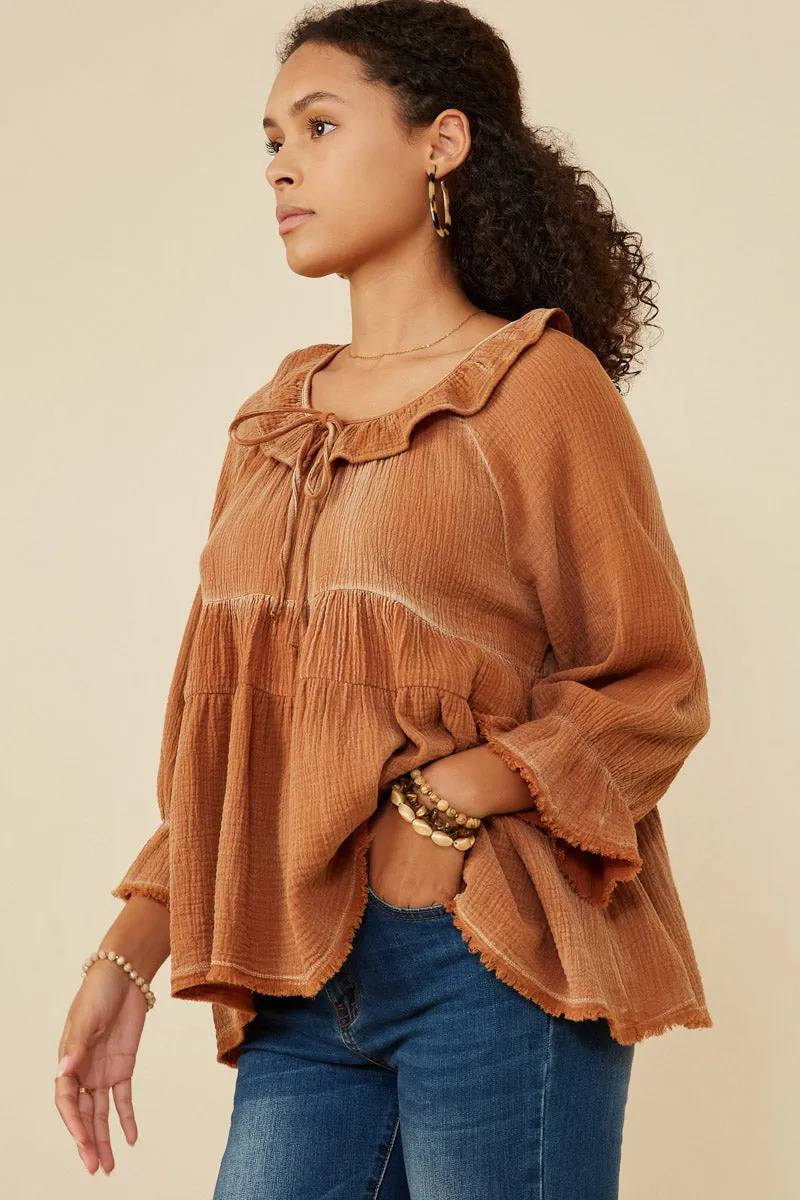 Womens Ruffle Detail Tie Neck Washed Gauze Top sold by Hayden product image thumbnail 3