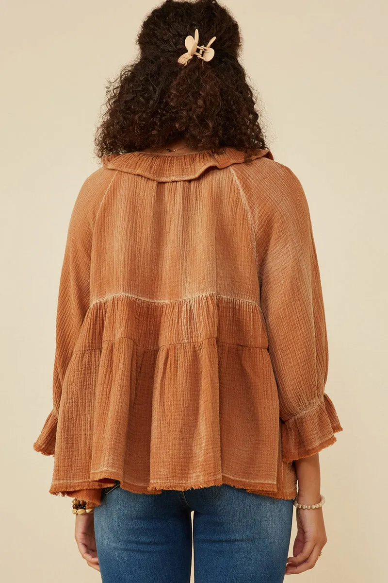 Womens Ruffle Detail Tie Neck Washed Gauze Top sold by Hayden product image thumbnail 4