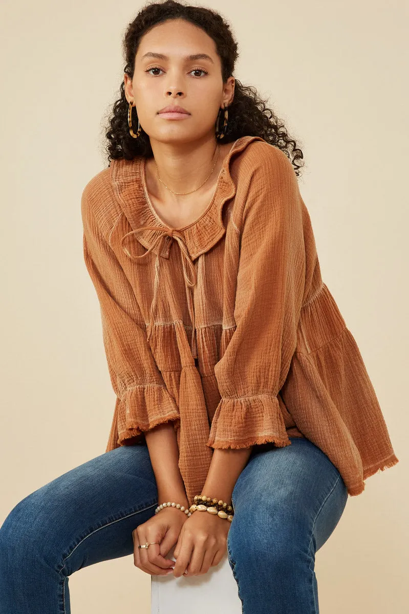 Womens Ruffle Detail Tie Neck Washed Gauze Top sold by Hayden