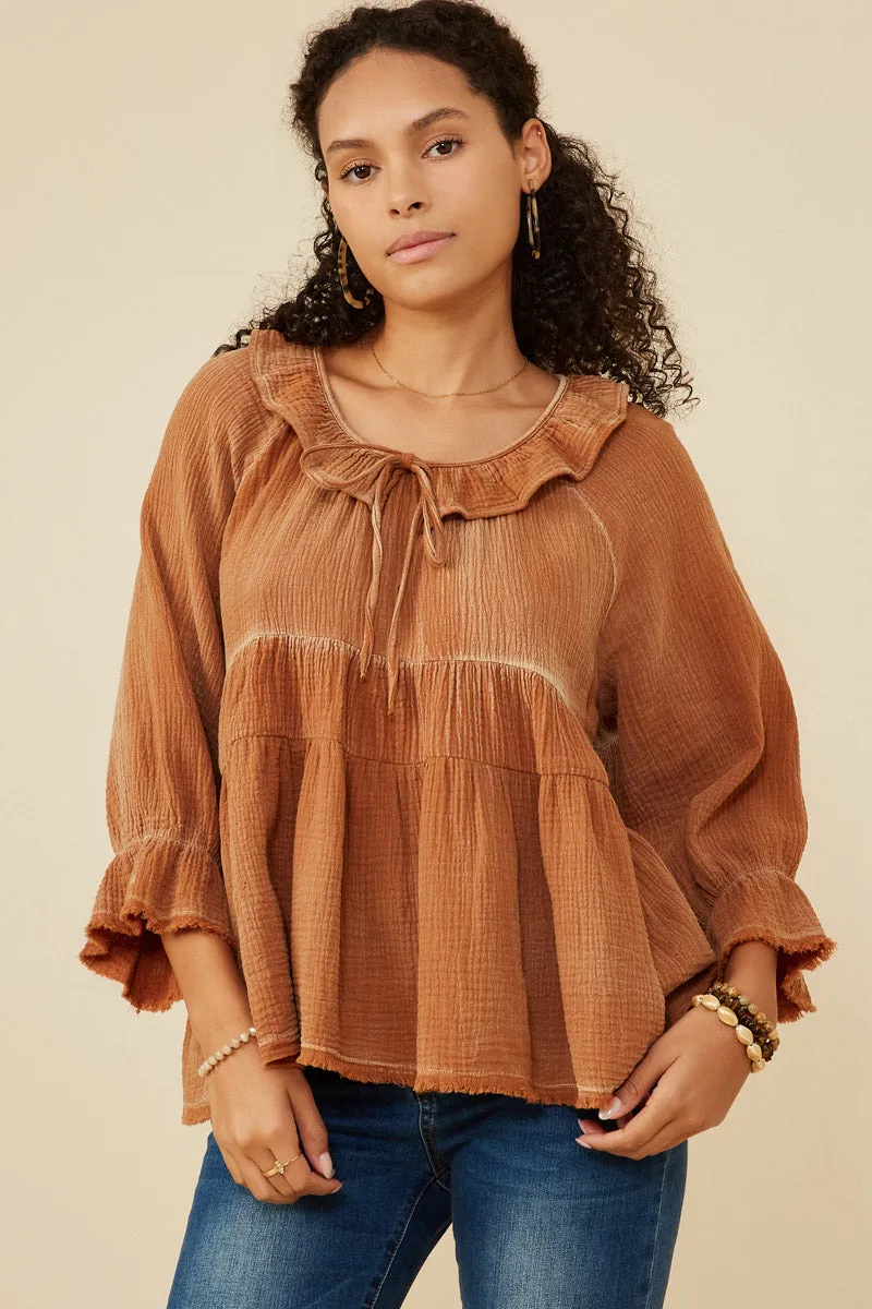 Womens Ruffle Detail Tie Neck Washed Gauze Top sold by Hayden product image thumbnail 5
