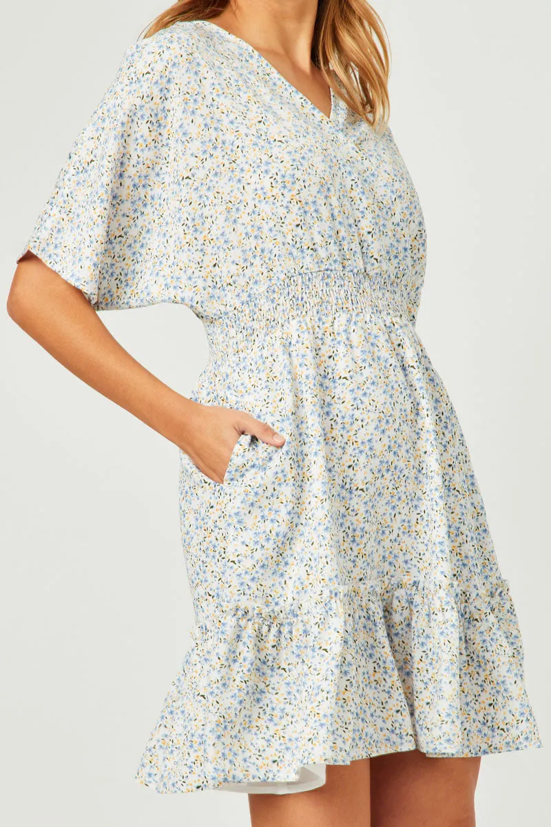 Womens Ditsy Floral Smocked Waist Surplice Mini Dress sold by Hayden product image thumbnail 3