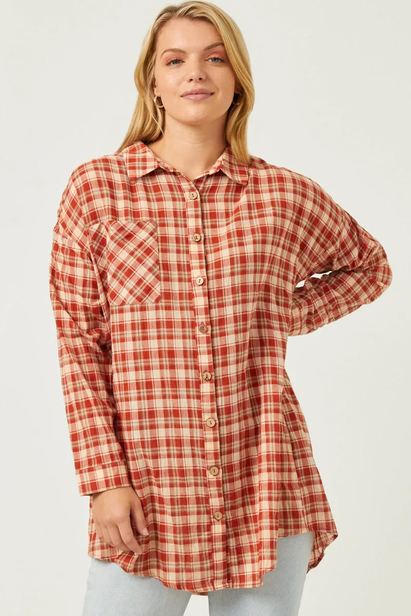 Womens Plaid Oversize Pocket Button Up Long Sleeve Shirt sold by Hayden