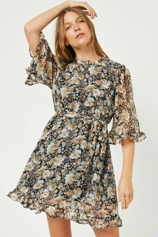 Womens Belted Ruffle Neck Chiffon Mini Dress sold by Hayden