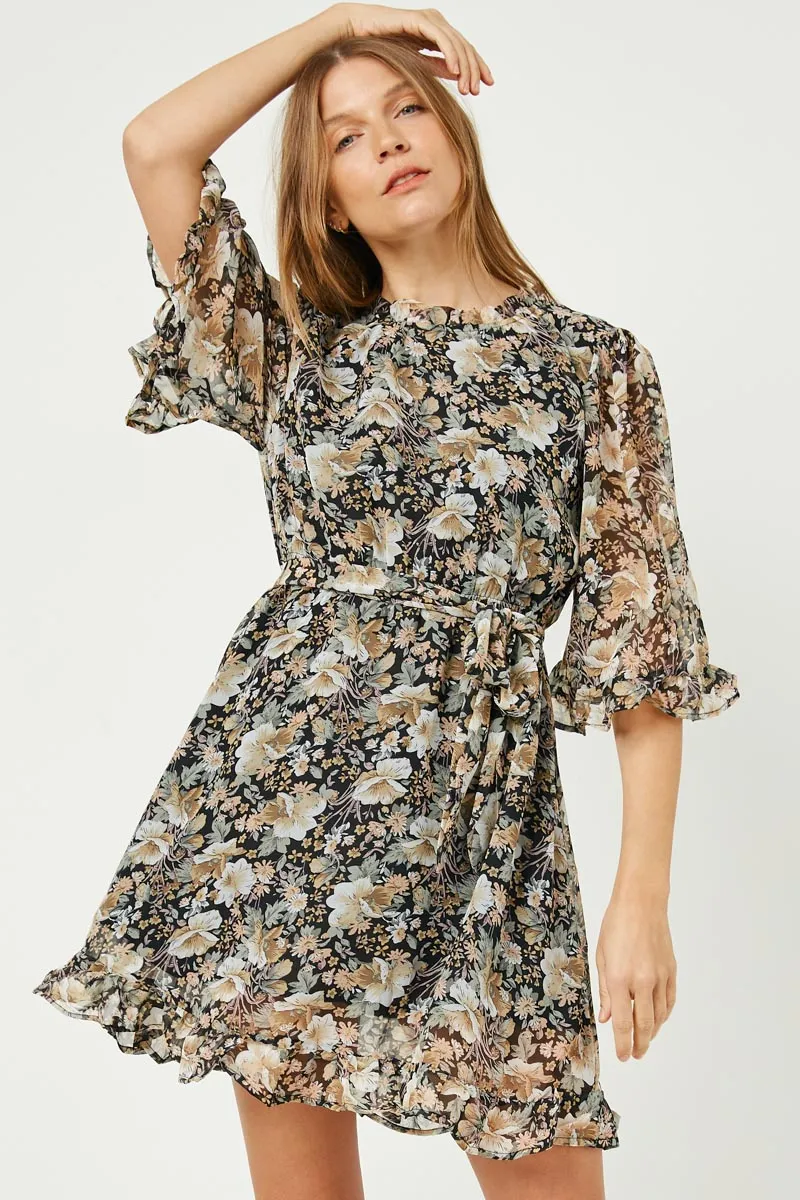 Womens Belted Ruffle Neck Chiffon Mini Dress sold by Hayden