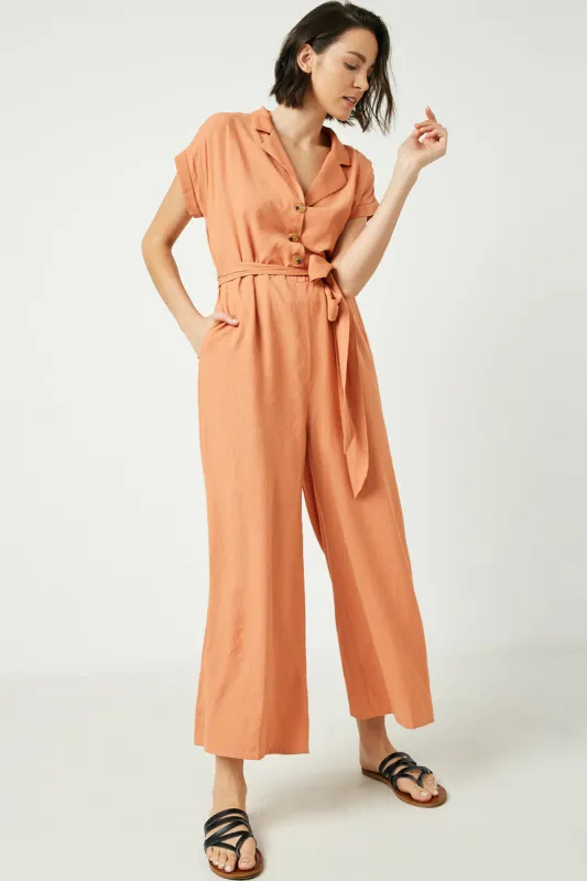 Womens Wide Leg Collared Tie Waist Jumpsuit sold by Hayden