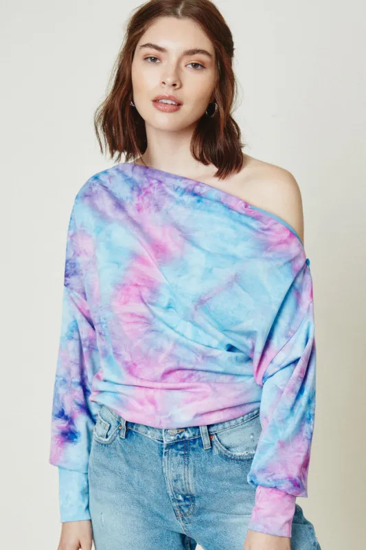 Womens Tie Dye Off-Shoulder Zip-Up Knit Top sold by Hayden