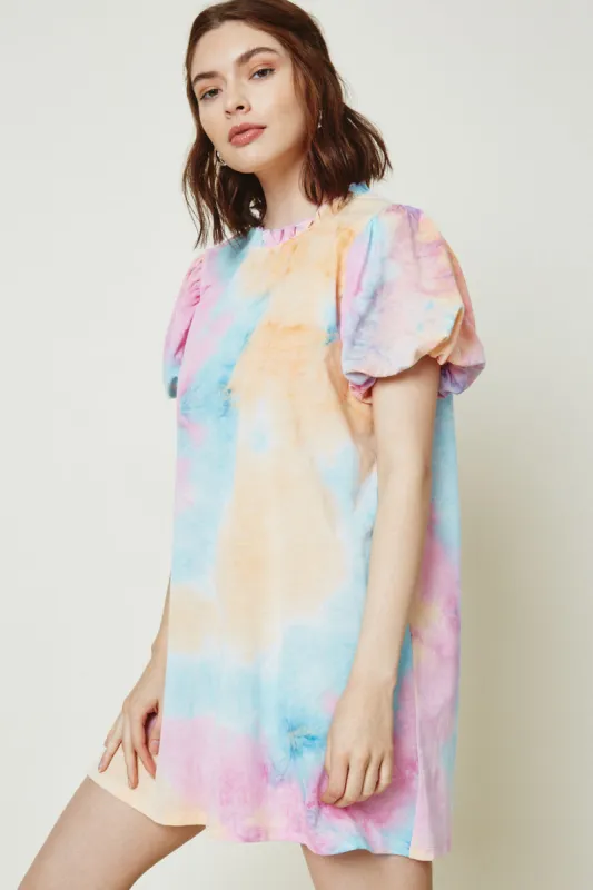 Womens Ruffle Tie Dye Puff Sleeve Shirt Dress made by Hayden